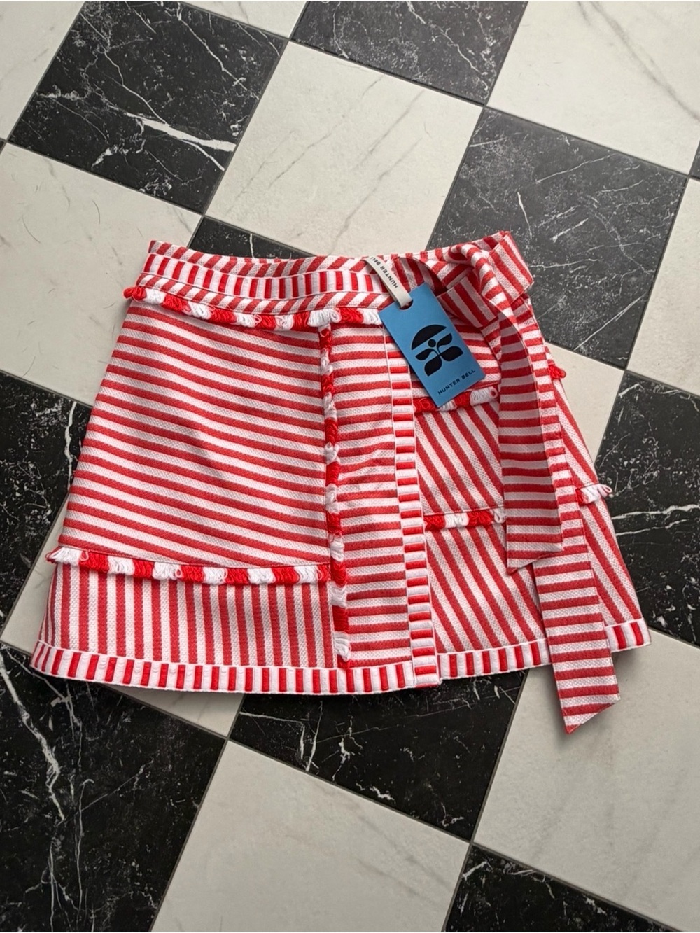 HUNTER BELL Red & White Striped Mini Skirt with Tassel Waist